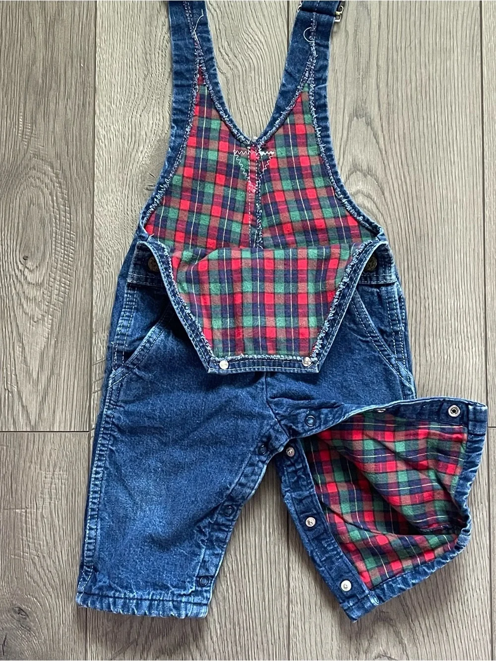 Vintage Oshkosh B’gosh Vestbak USA Plaid Flannel Lined 12m Baby Denim Overalls